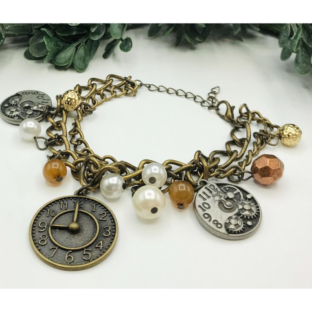 Bracelet beads clock charms chain 9" length